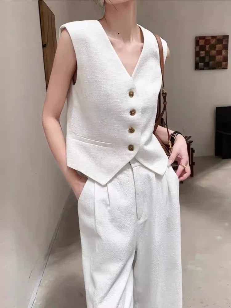 Women Outfits Vest Wide Leg Pants Beige Office Pant Sets Jumpsuits & Pants - Tophatter Daily Deals