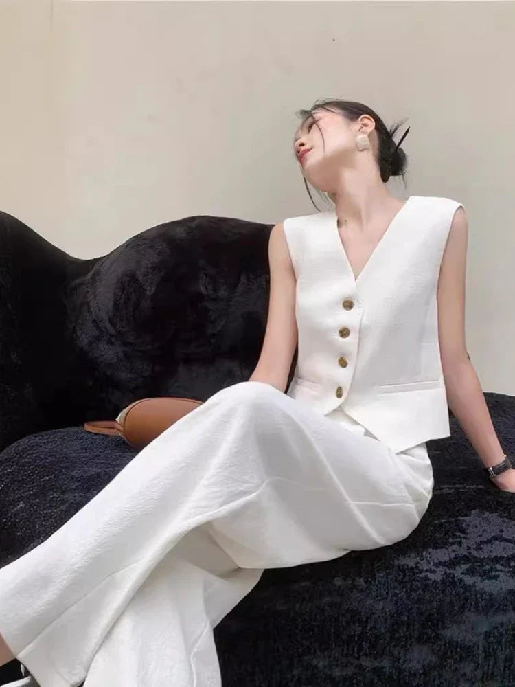 Women Outfits Vest Wide Leg Pants Beige Office Pant Sets Jumpsuits & Pants - Tophatter Daily Deals