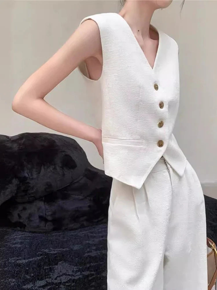 Women Outfits Vest Wide Leg Pants Beige Office Pant Sets Jumpsuits & Pants - Tophatter Daily Deals