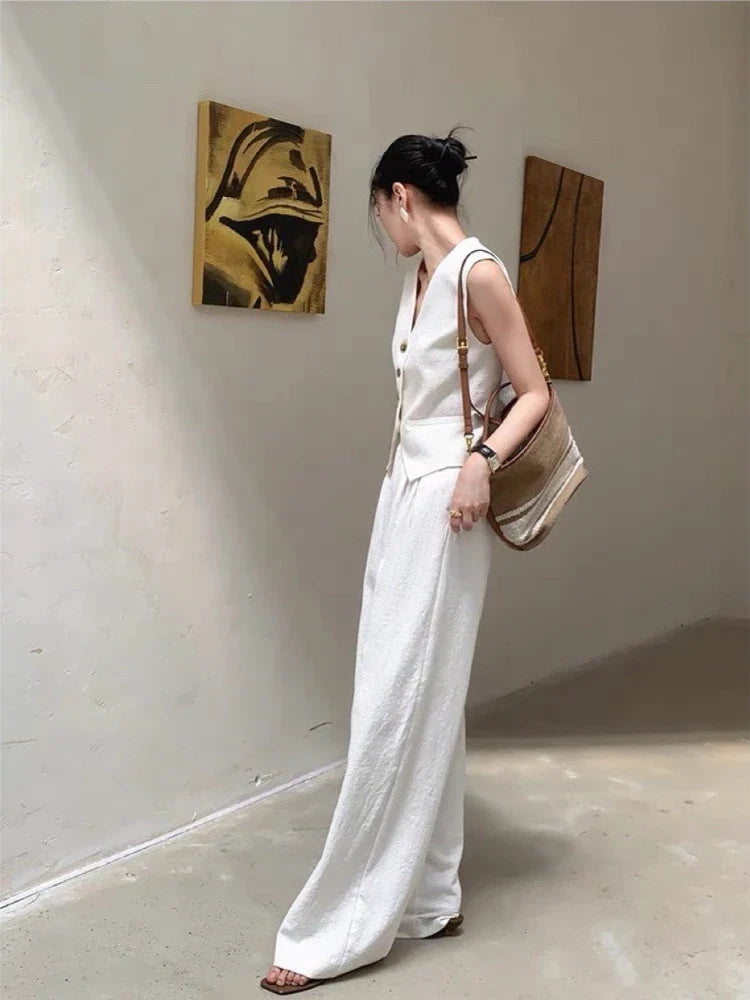 Women Outfits Vest Wide Leg Pants Beige Office Pant Sets Jumpsuits & Pants - Tophatter Daily Deals