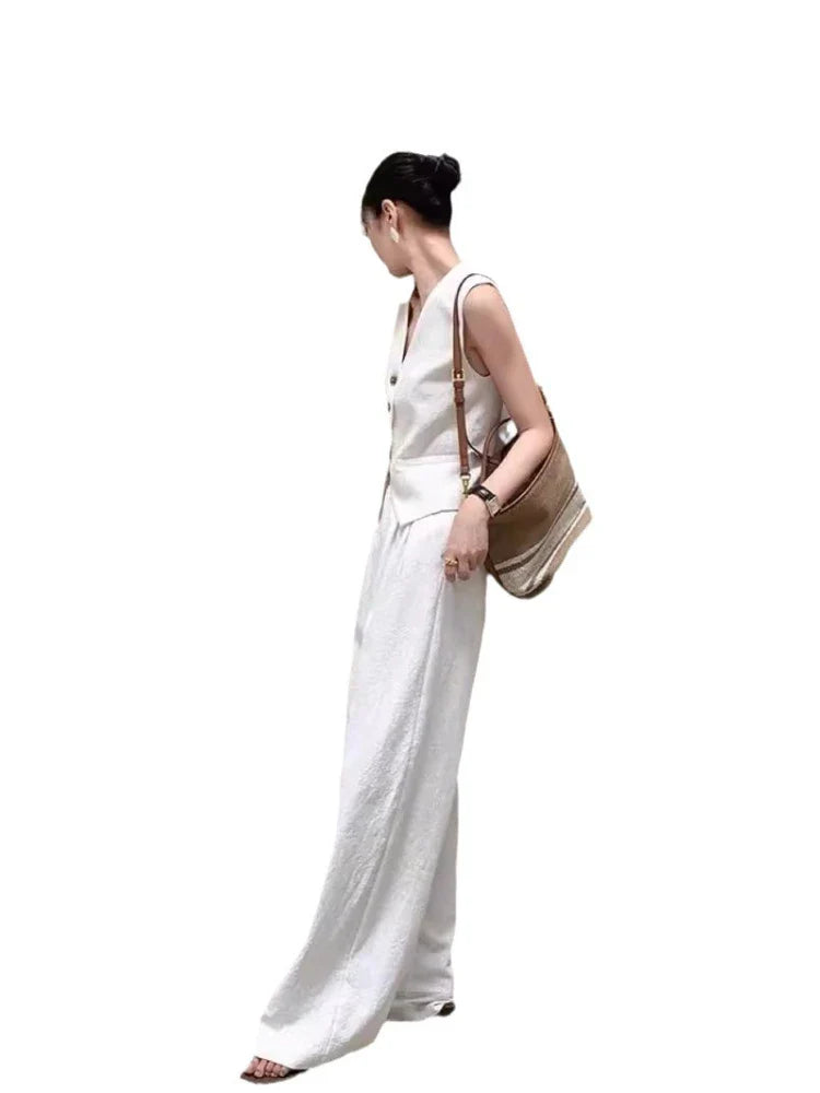 Women Outfits Vest Wide Leg Pants Beige Office Pant Sets Jumpsuits & Pants - Tophatter Daily Deals