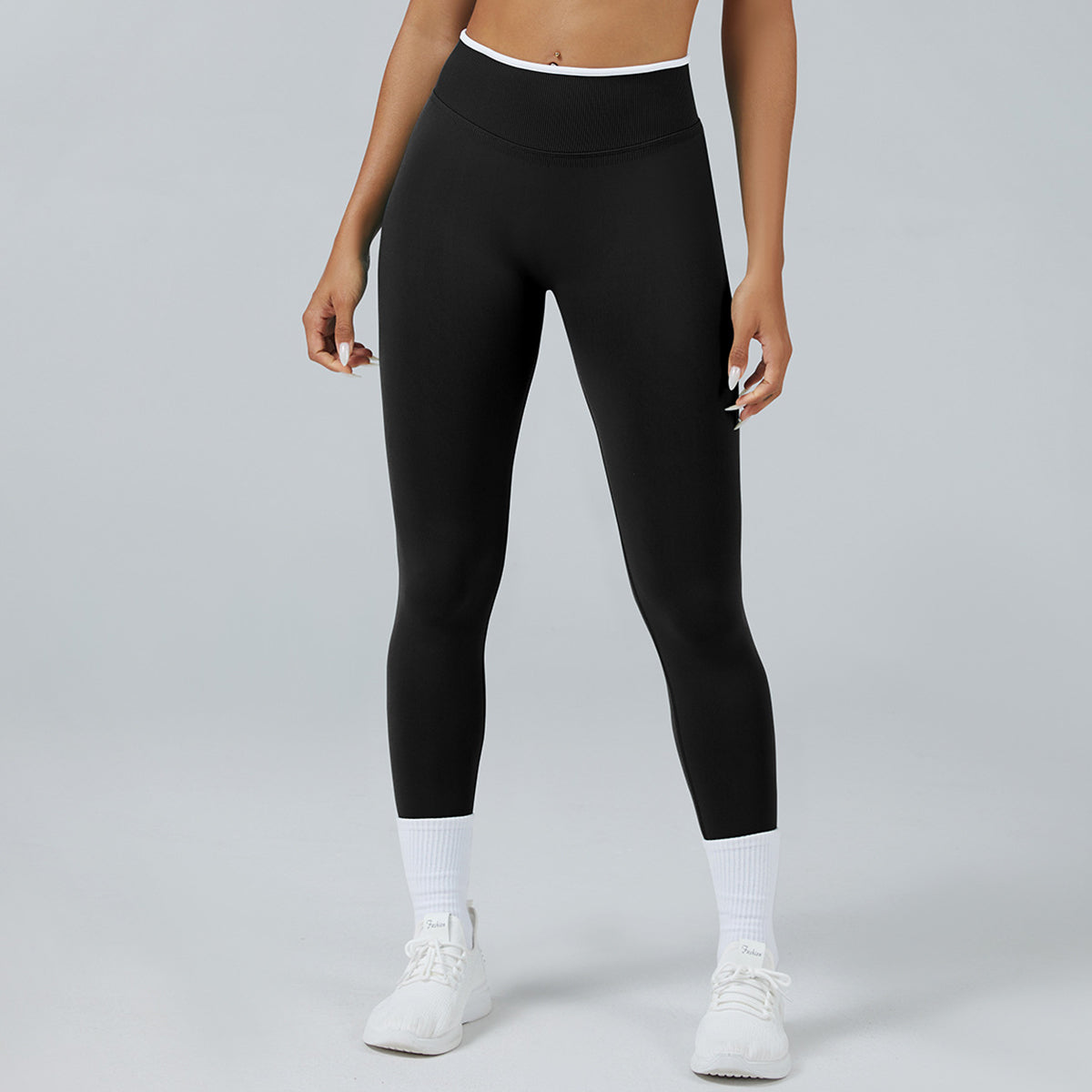 Women Seamless Sports Leggings White Edge Waist Tight Black Leggings - Tophatter Daily Deals