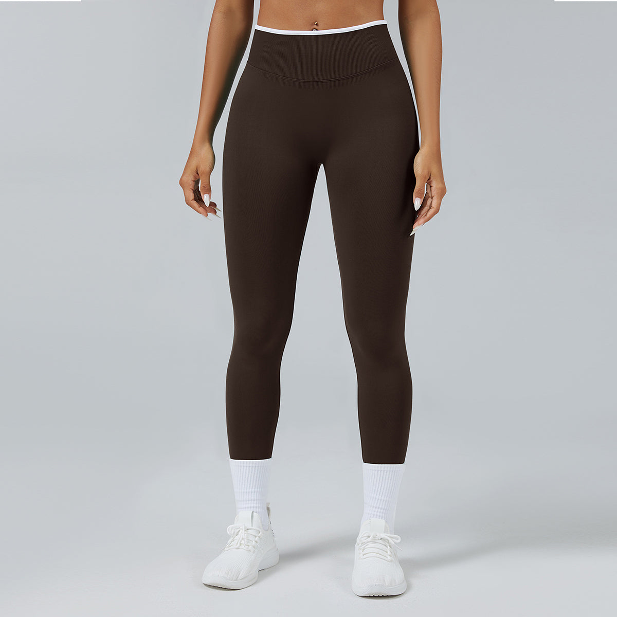 Women Seamless Sports Leggings White Edge Waist Tight Brown Leggings - Tophatter Daily Deals