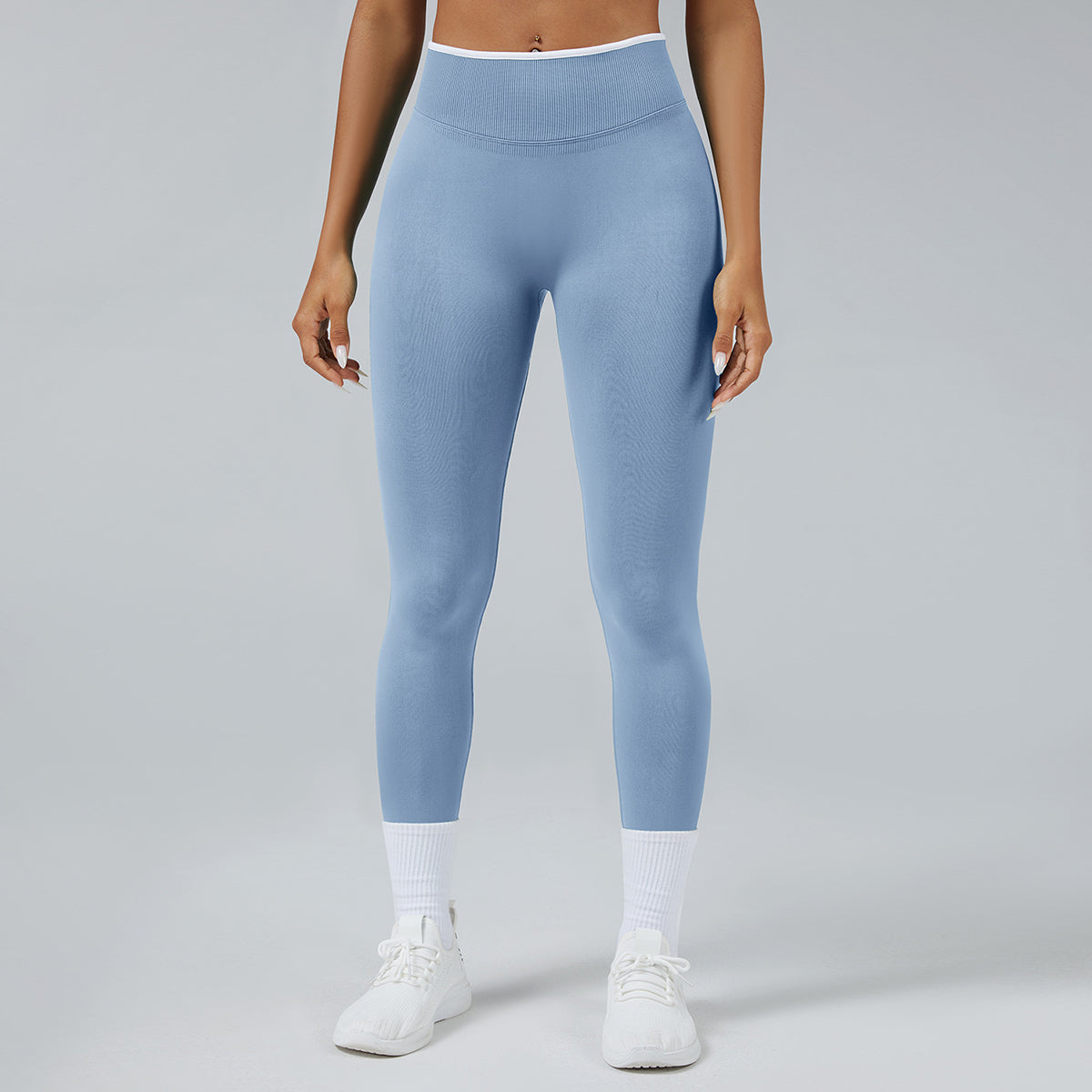 Women Seamless Sports Leggings White Edge Waist Tight Light Blue Leggings - Tophatter Daily Deals