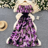 Women Sexy Off Elastic Waist Floral Boho Chiffon Dress Maxi Dresses - Tophatter Daily Deals