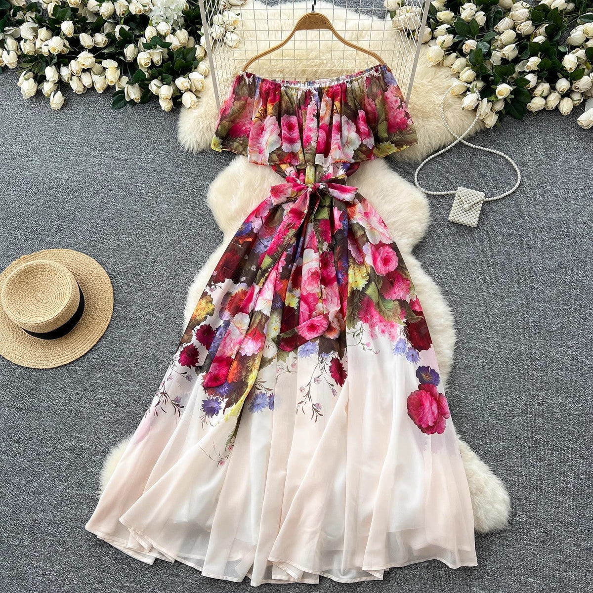 Women Sexy Off Elastic Waist Floral Boho Chiffon Dress Maxi Dresses - Tophatter Daily Deals