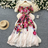 Women Sexy Off Elastic Waist Floral Boho Chiffon Dress Maxi Dresses - Tophatter Daily Deals