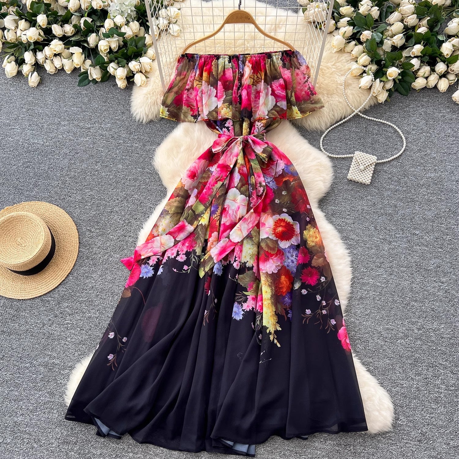 Women Sexy Off Elastic Waist Floral Boho Chiffon Dress Maxi Dresses - Tophatter Daily Deals