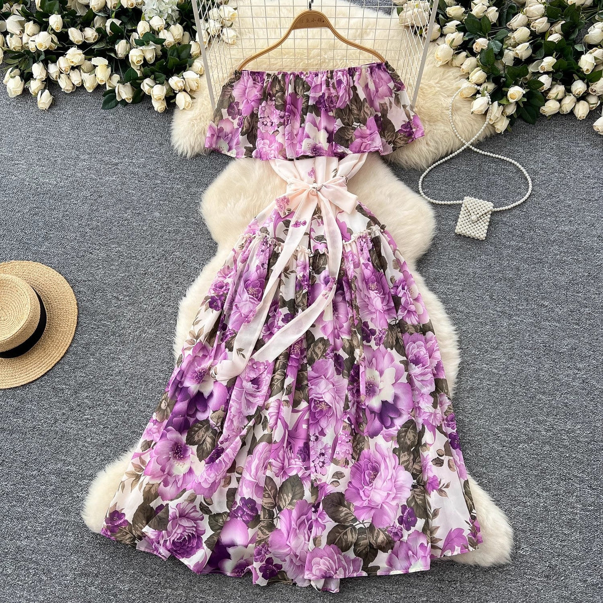 Women Sexy Off Elastic Waist Floral Boho Chiffon Dress Violet Maxi Dresses - Tophatter Daily Deals