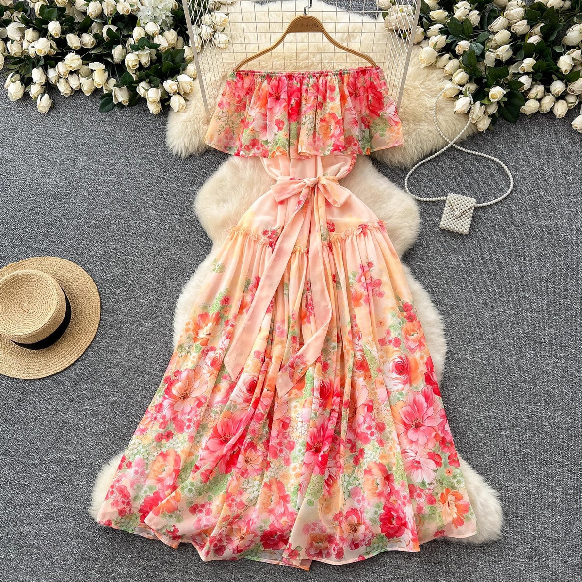 Women Sexy Off Elastic Waist Floral Boho Chiffon Dress Peach Maxi Dresses - Tophatter Daily Deals