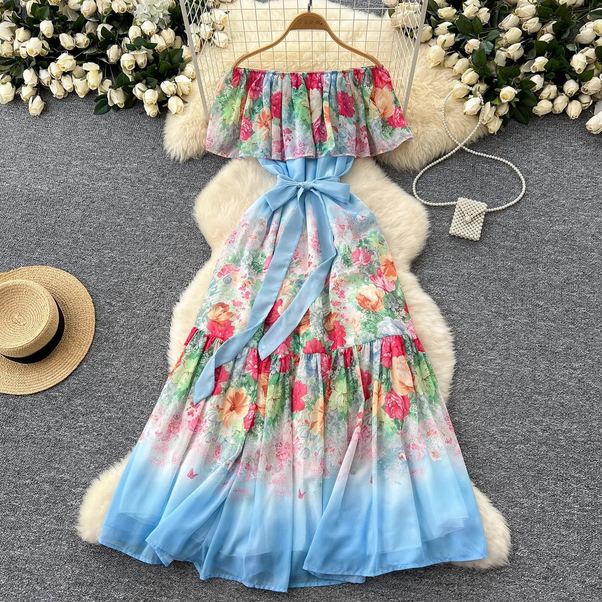 Women Sexy Off Elastic Waist Floral Boho Chiffon Dress Sky Blue Maxi Dresses - Tophatter Daily Deals