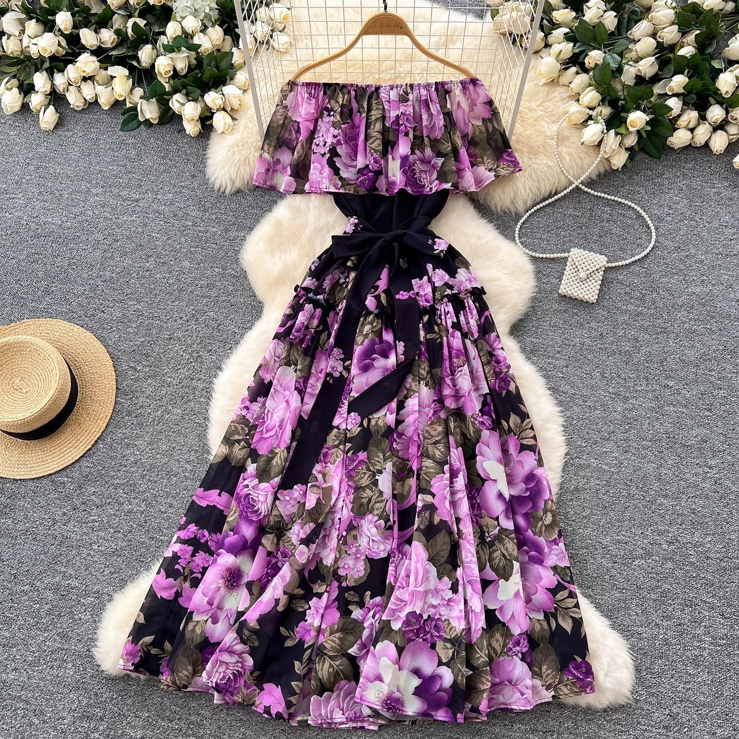 Women Sexy Off Elastic Waist Floral Boho Chiffon Dress Purple Maxi Dresses - Tophatter Daily Deals