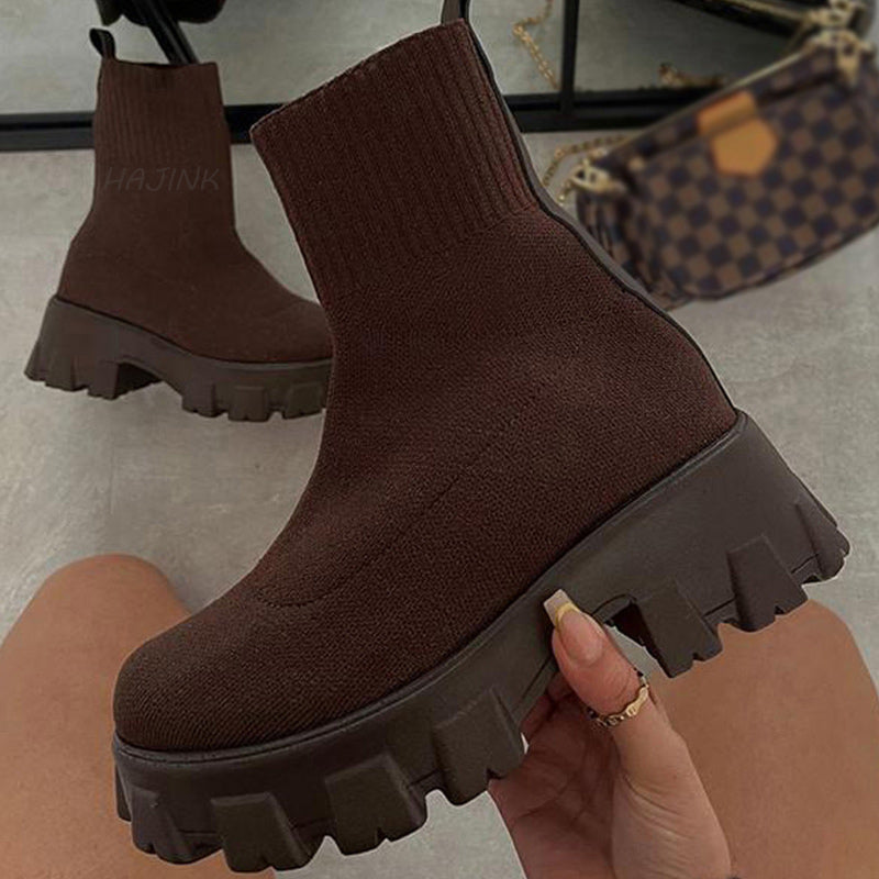 Women Short Knitting Platform Ankle Boots Brown Boots - Tophatter Daily Deals