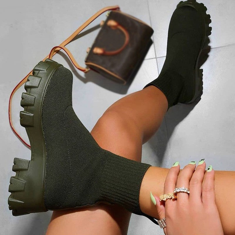 Women Short Knitting Platform Ankle Boots Army Green Boots - Tophatter Daily Deals