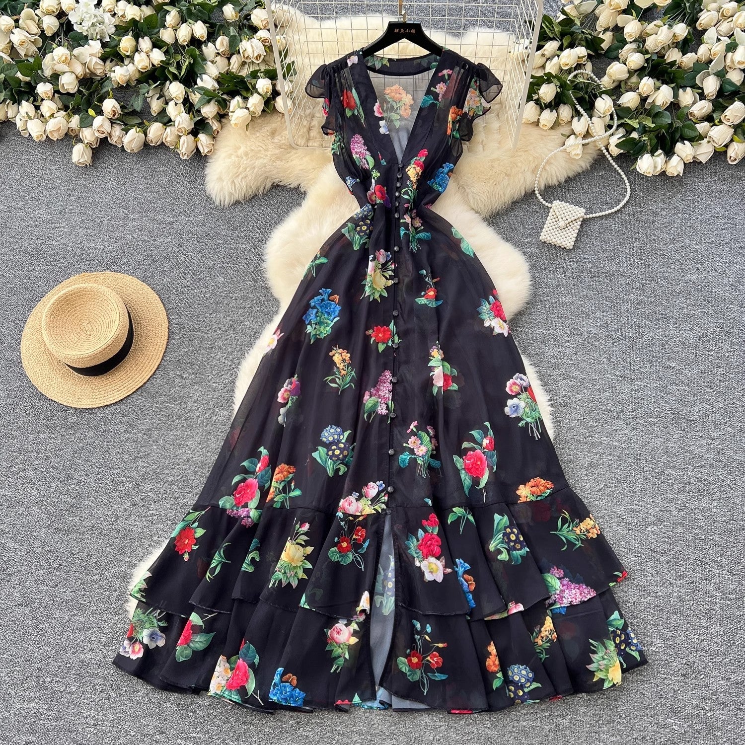 Women Sleeveless Ruffles V Neck Chiffon Dress Maxi Dresses - Tophatter Daily Deals