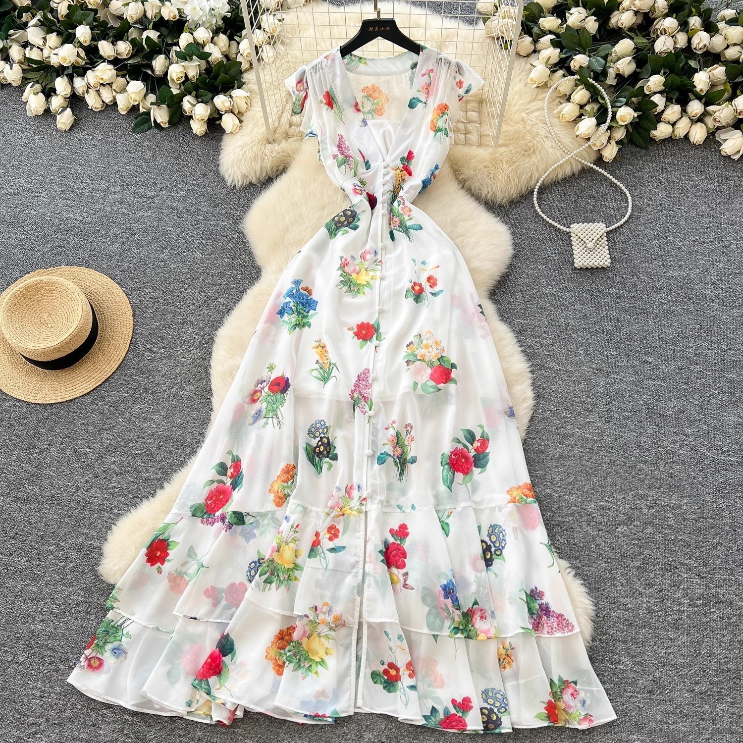 Women Sleeveless Ruffles V Neck Chiffon Dress White Maxi Dresses - Tophatter Daily Deals