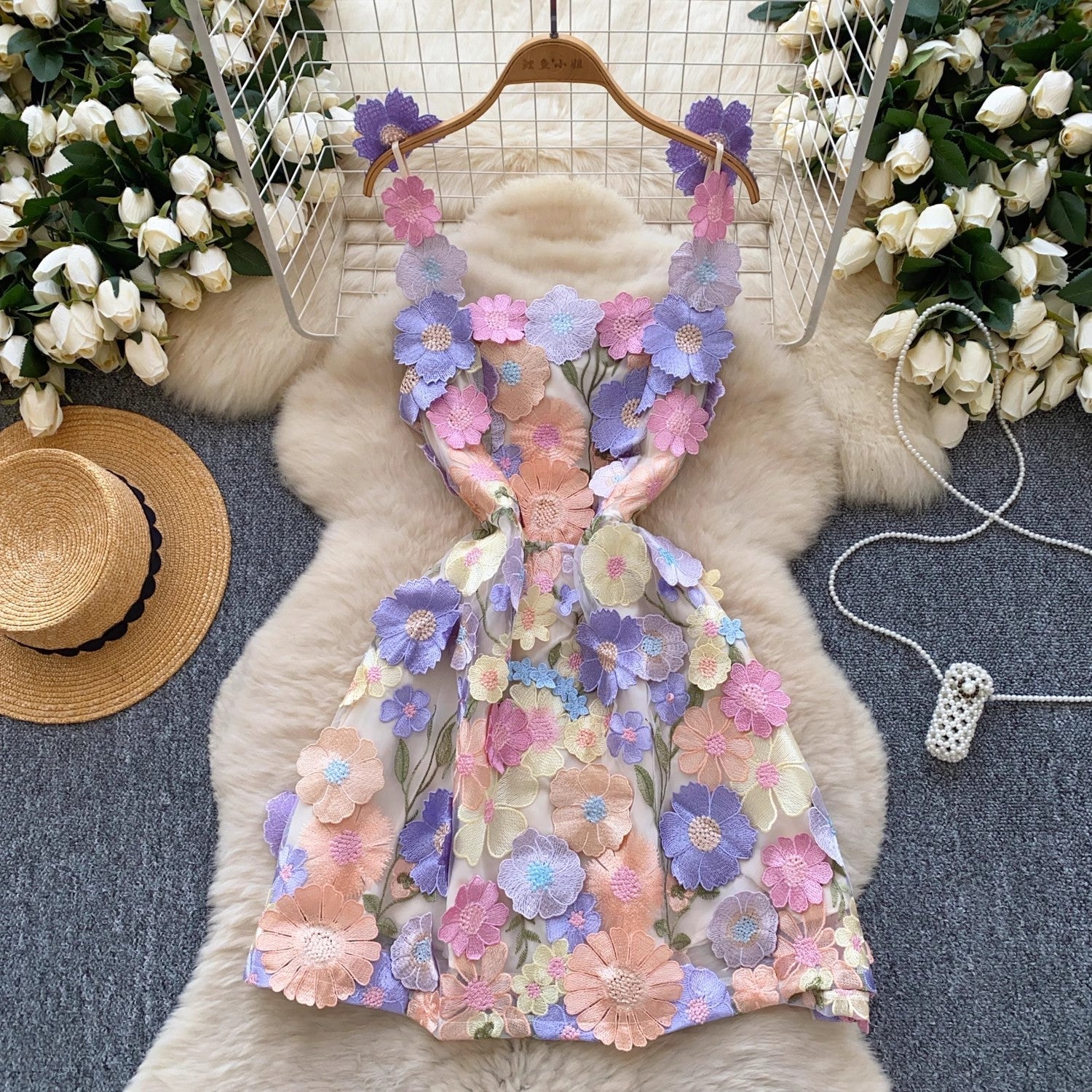 Women Square Collar Sleeveless Embroidery Dress Purple Mini Dresses - Tophatter Daily Deals