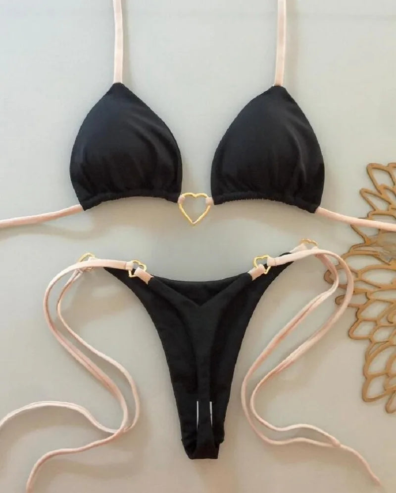 Women Swimsuit Two-piece Triangle Thong Swimwear Black Swimwear - Tophatter Daily Deals