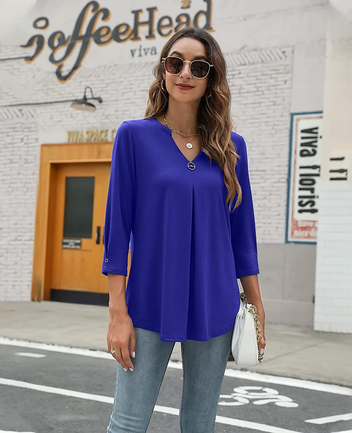 Women T-shirt V Neck 3/4 Sleeve Tops Blouse Blouses - Tophatter Daily Deals