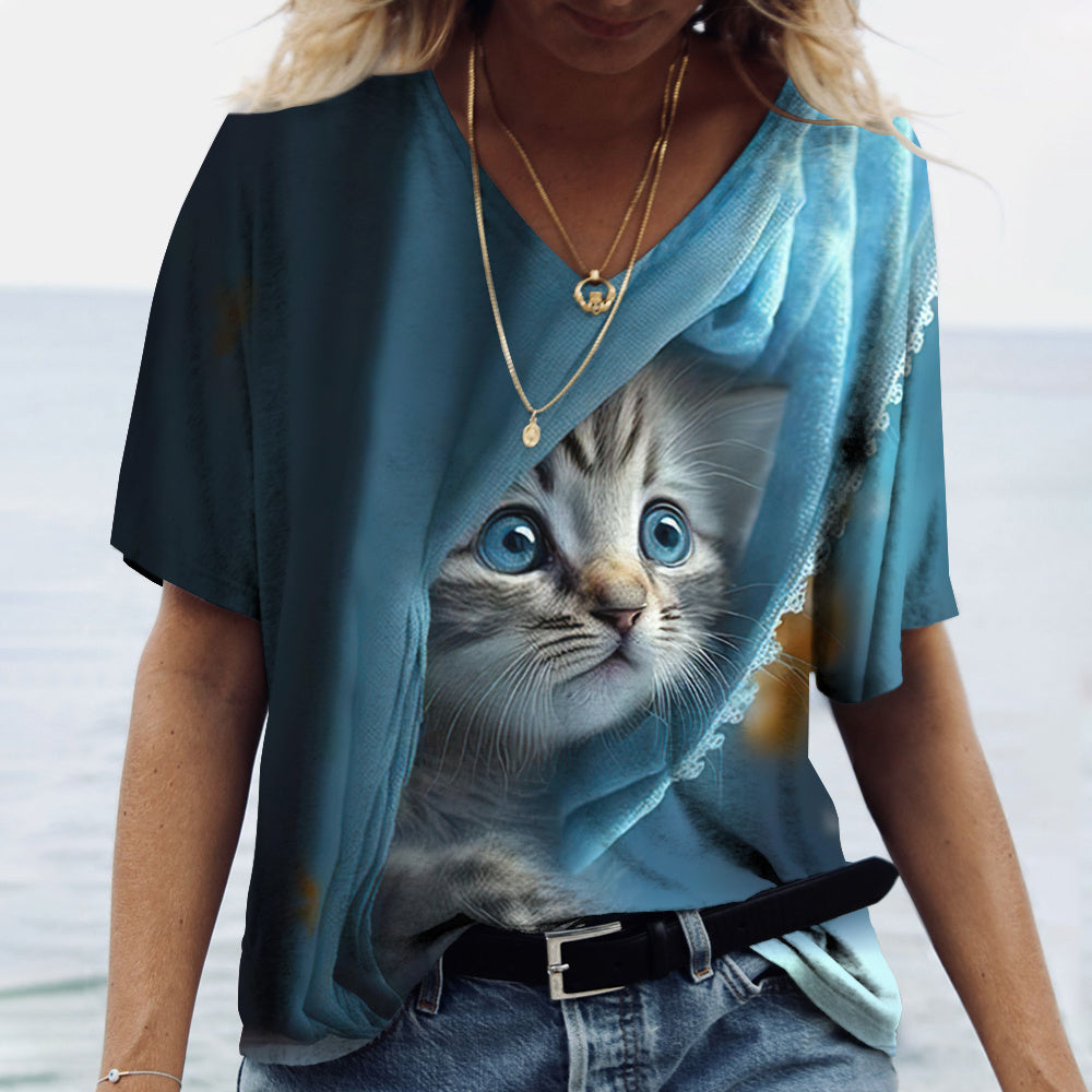 Women V-Neck Cute Cats Print Shirt Tee Tee - Tophatter Daily Deals