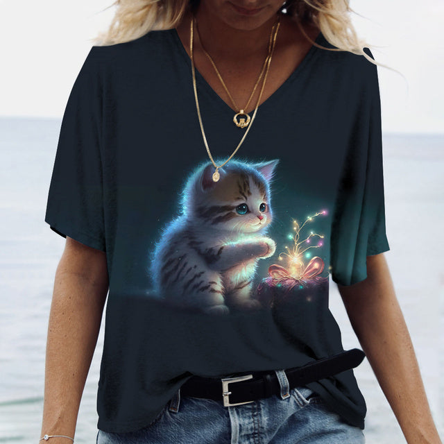 Women V-Neck Cute Cats Print Shirt Tee Blue Tee - Tophatter Daily Deals