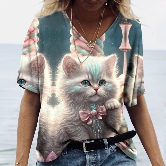 Women V-Neck Cute Cats Print Shirt Tee Light Blue Tee - Tophatter Daily Deals