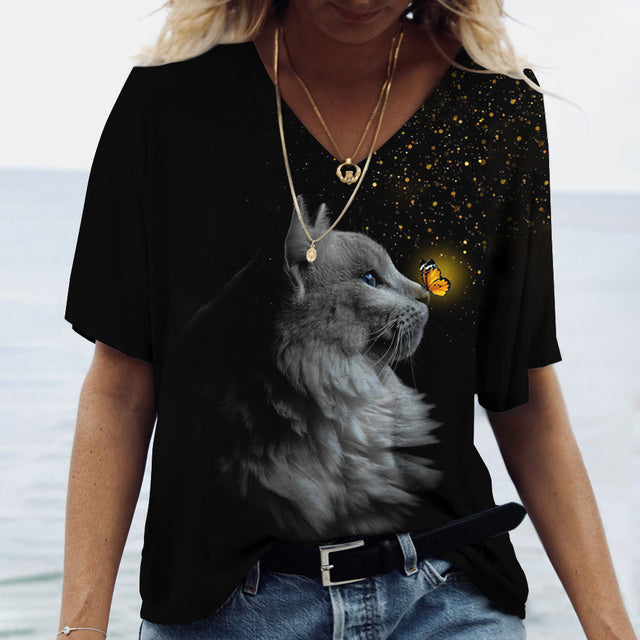 Women V-Neck Cute Cats Print Shirt Tee Black Tee - Tophatter Daily Deals