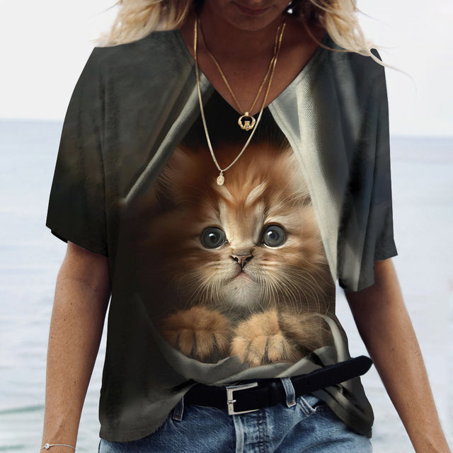 Women V-Neck Cute Cats Print Shirt Tee Green Tee - Tophatter Daily Deals