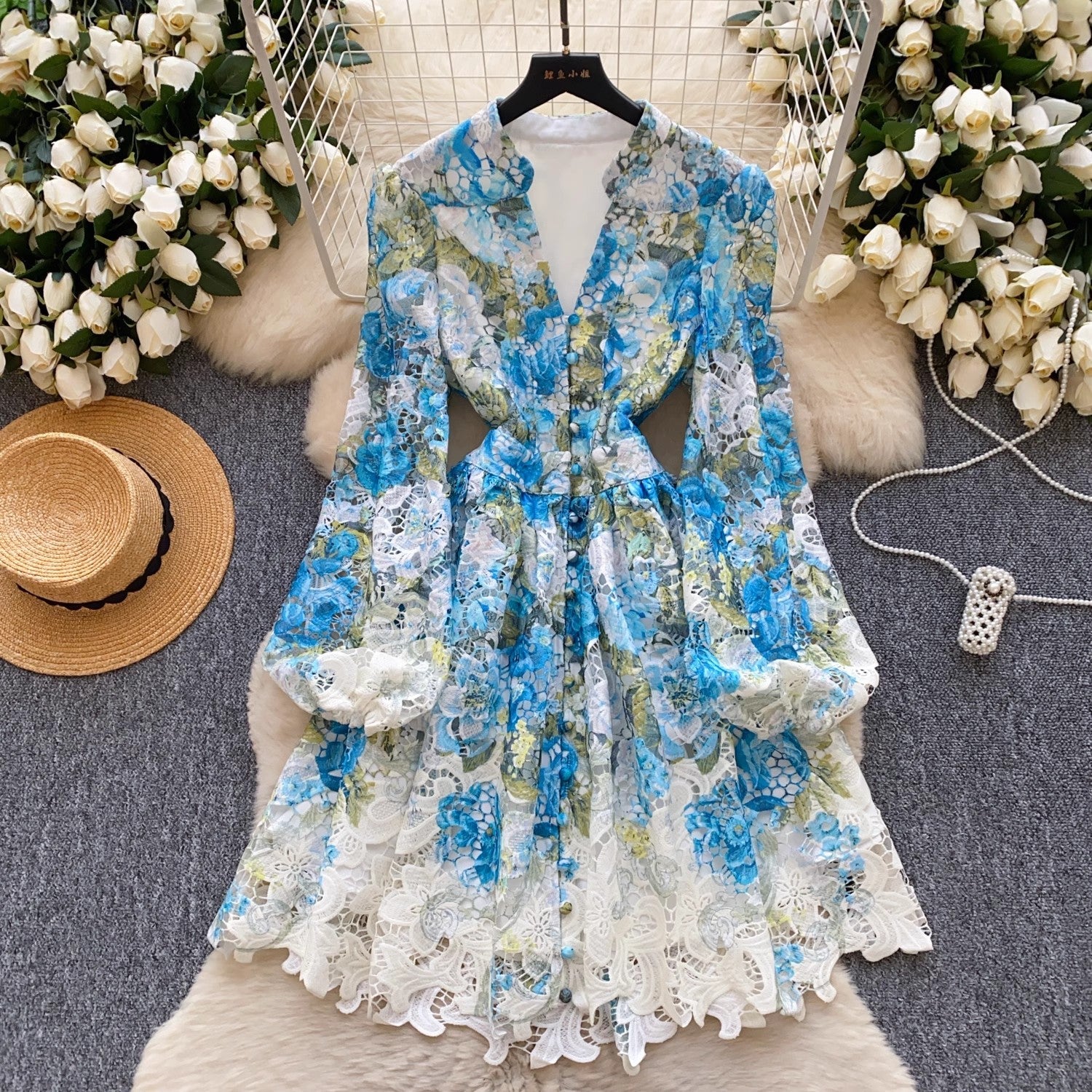 Women V-Neck Spring Holiday Lace Print Mini Dress Blue Mini Dresses - Tophatter Daily Deals