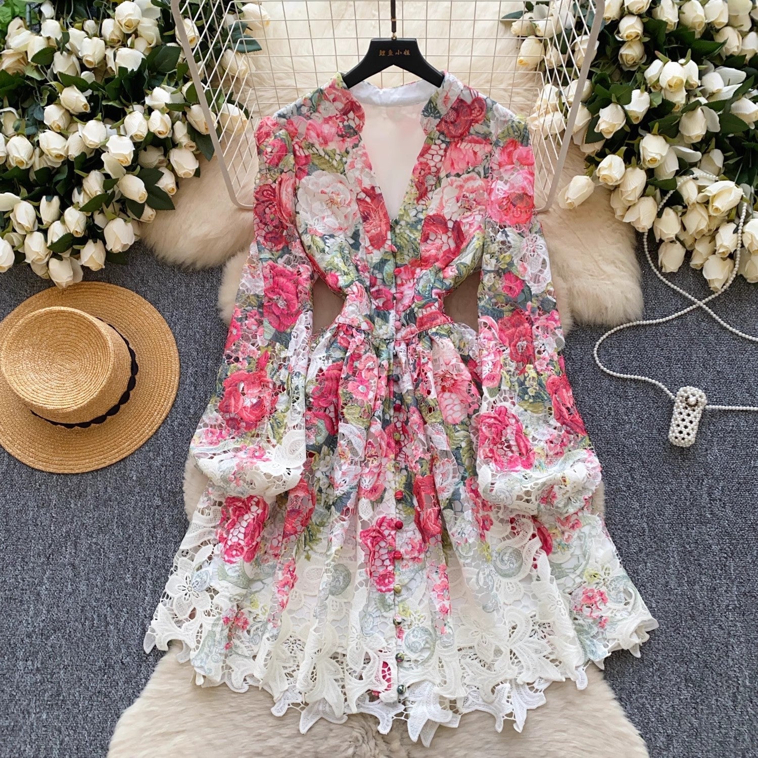 Women V-Neck Spring Holiday Lace Print Mini Dress Pink Mini Dresses - Tophatter Daily Deals