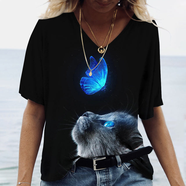 Women V-Neck Top Cats Print Shirt Tee Blue Tee - Tophatter Daily Deals