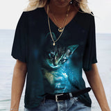 Women V-Neck Top Cats Print Shirt Tee Cyan Tee - Tophatter Daily Deals