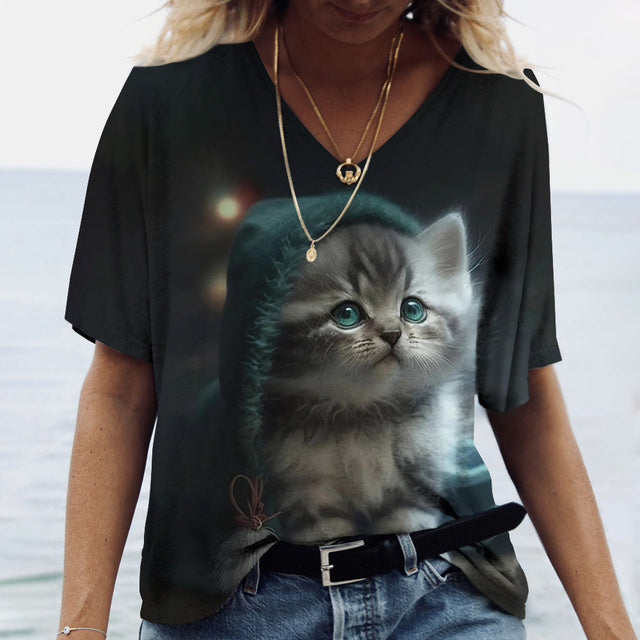 Women V-Neck Top Cats Print Shirt Tee Grey Tee - Tophatter Daily Deals