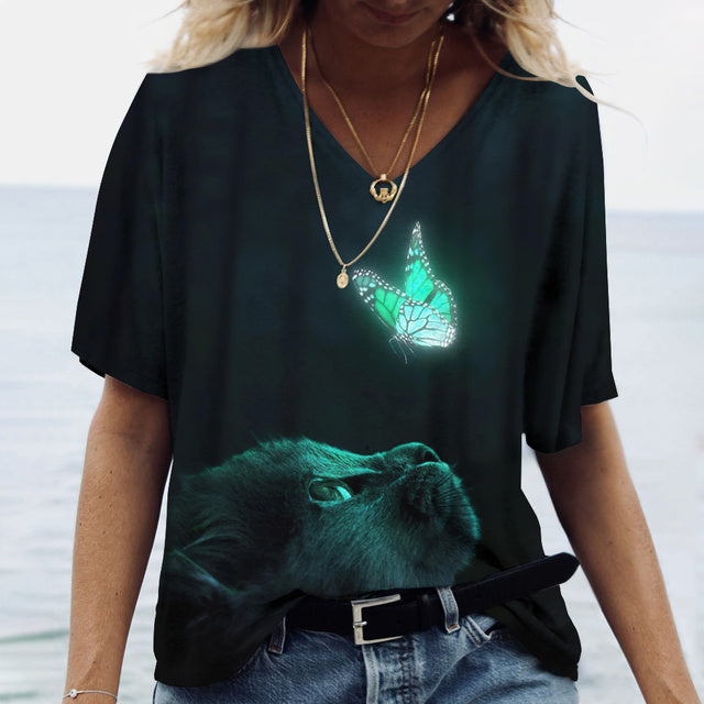 Women V-Neck Top Cats Print Shirt Tee Green Tee - Tophatter Daily Deals