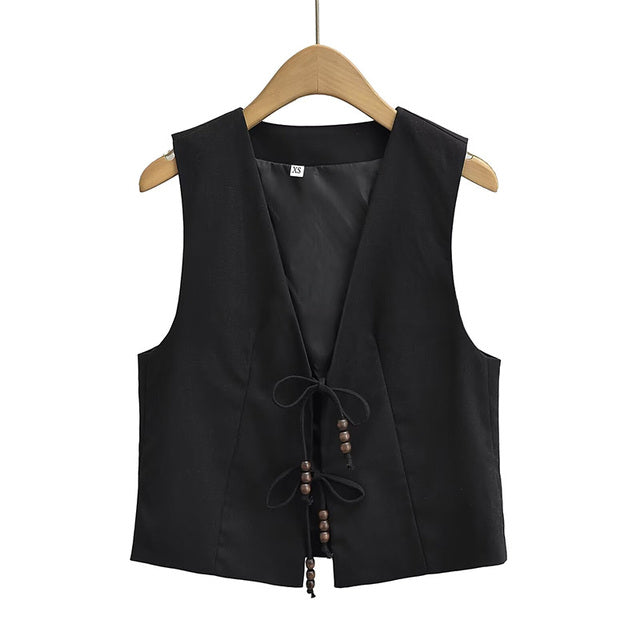Women Vintage V-Neck Waistcoat Black Blouses - Tophatter Daily Deals