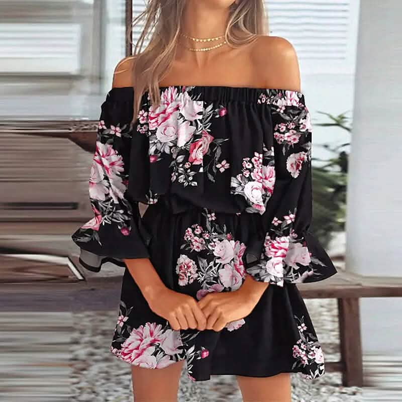 Women's 3/4 Length Sleeve Floral Ruffle Summer Spring Off Shoulder Dress Black Women's Dresses - Tophatter Daily Deals