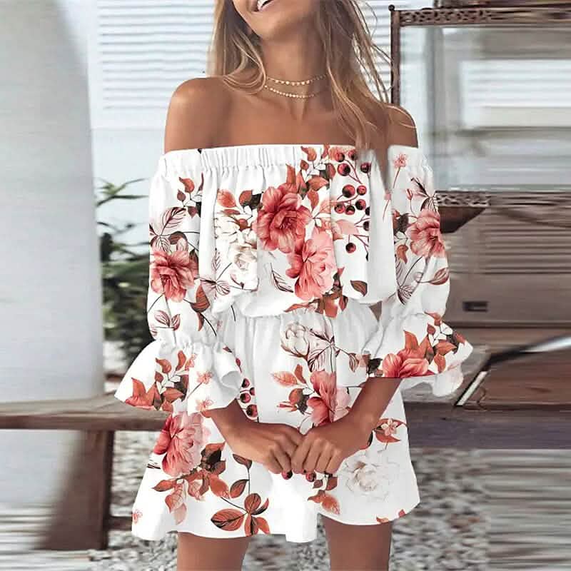 Women's 3/4 Length Sleeve Floral Ruffle Summer Spring Off Shoulder Dress Women's Dresses - Tophatter Daily Deals