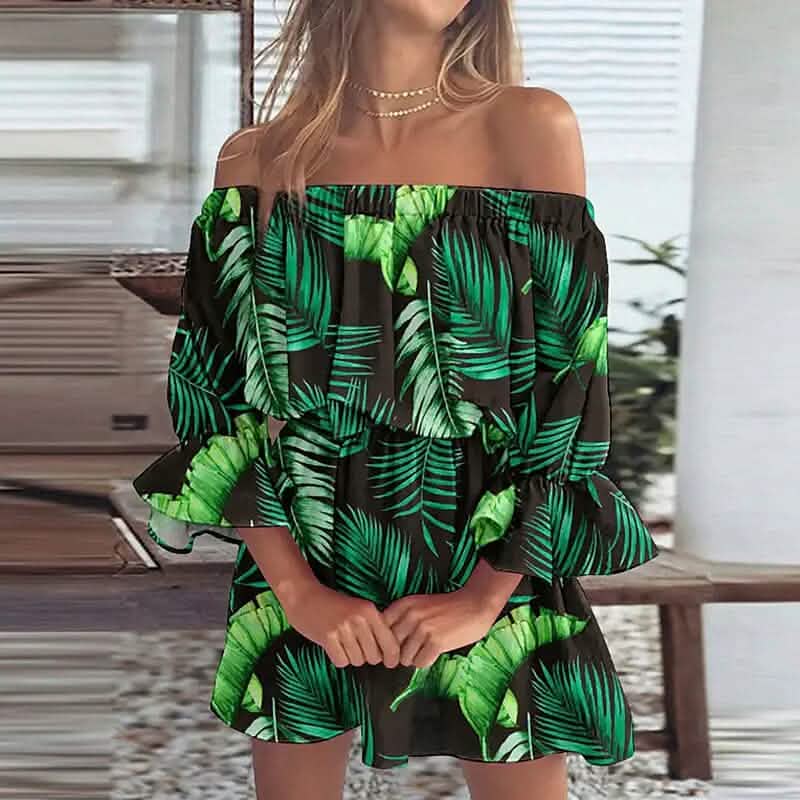 Women's 3/4 Length Sleeve Floral Ruffle Summer Spring Off Shoulder Dress Green Women's Dresses - Tophatter Daily Deals