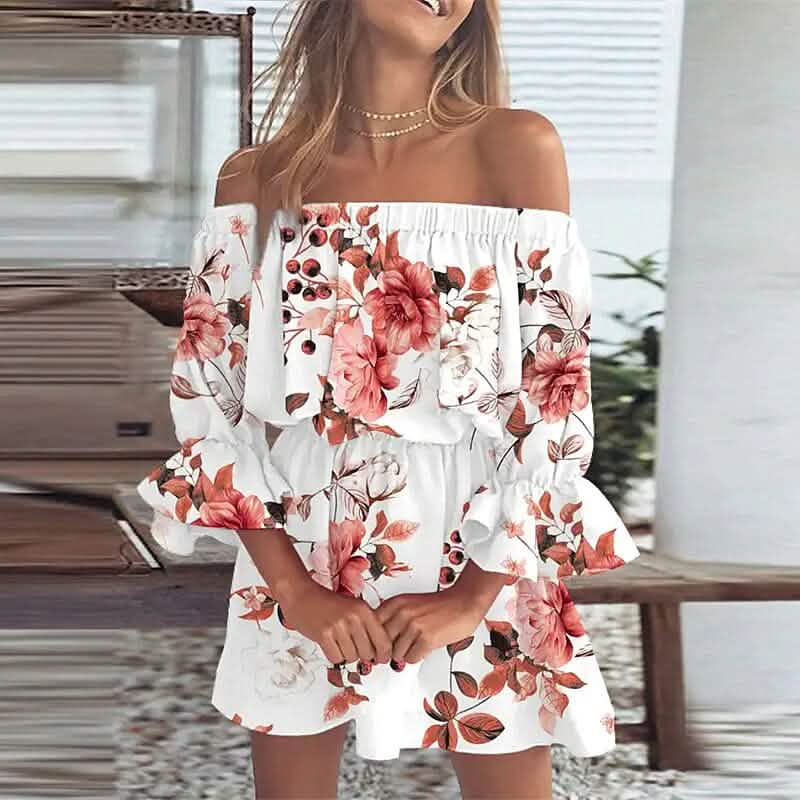 Women's 3/4 Length Sleeve Floral Ruffle Summer Spring Off Shoulder Dress Pink Women's Dresses - Tophatter Daily Deals