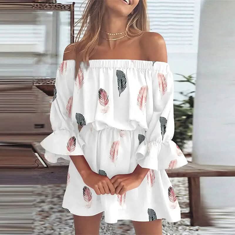 Women's 3/4 Length Sleeve Floral Ruffle Summer Spring Off Shoulder Dress White Women's Dresses - Tophatter Daily Deals