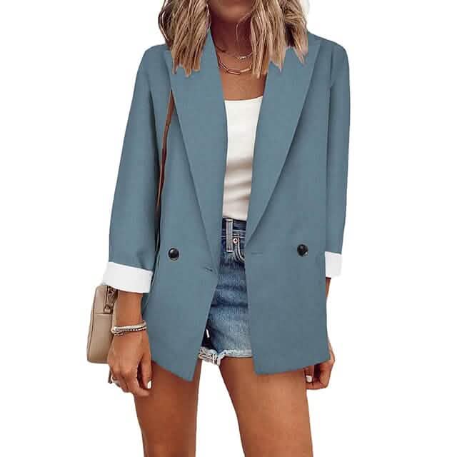 Women's Basic Double Breasted Solid Colored Blazer Blue Women's Outerwear - Tophatter Daily Deals