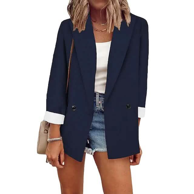 Women's Basic Double Breasted Solid Colored Blazer Dark Blue Women's Outerwear - Tophatter Daily Deals