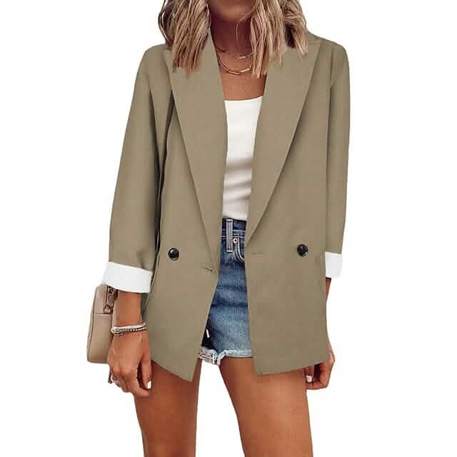 Women's Basic Double Breasted Solid Colored Blazer Khaki Women's Outerwear - Tophatter Daily Deals