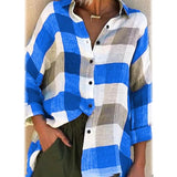 Women's Basic Loose Checkered Long Sleeve Shirt Blue Women's Tops - Tophatter Daily Deals