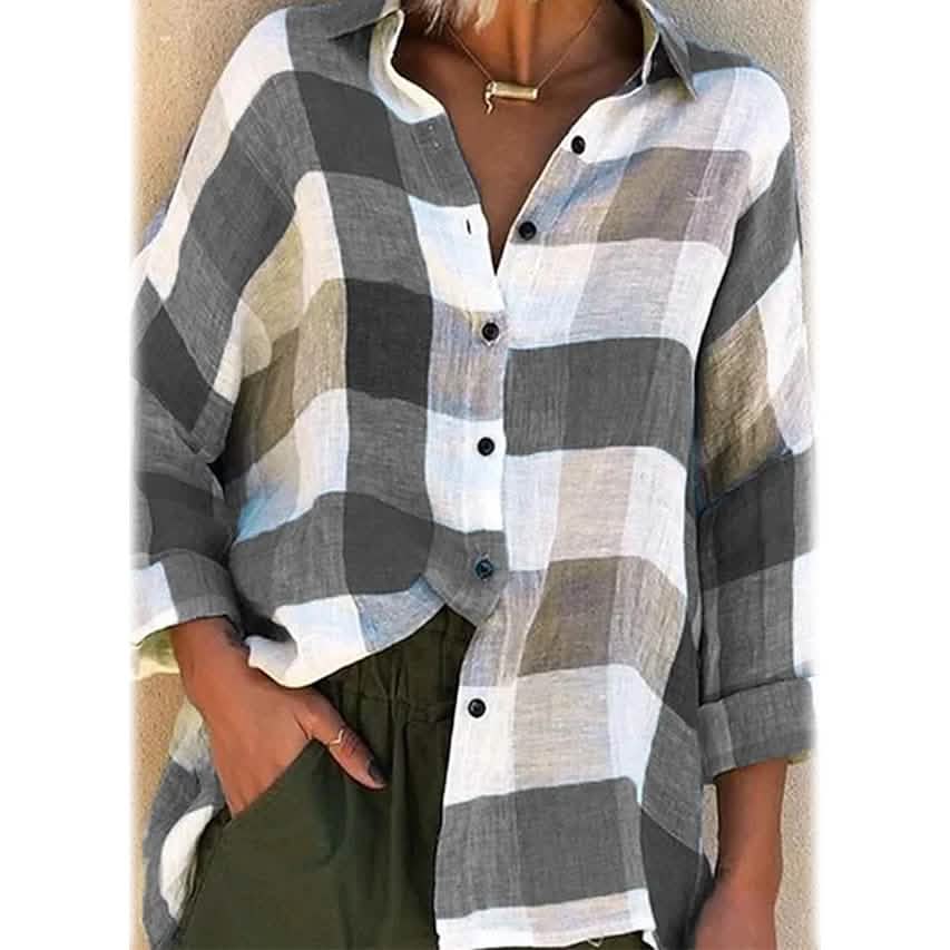 Women's Basic Loose Checkered Long Sleeve Shirt Gray Women's Tops - Tophatter Daily Deals