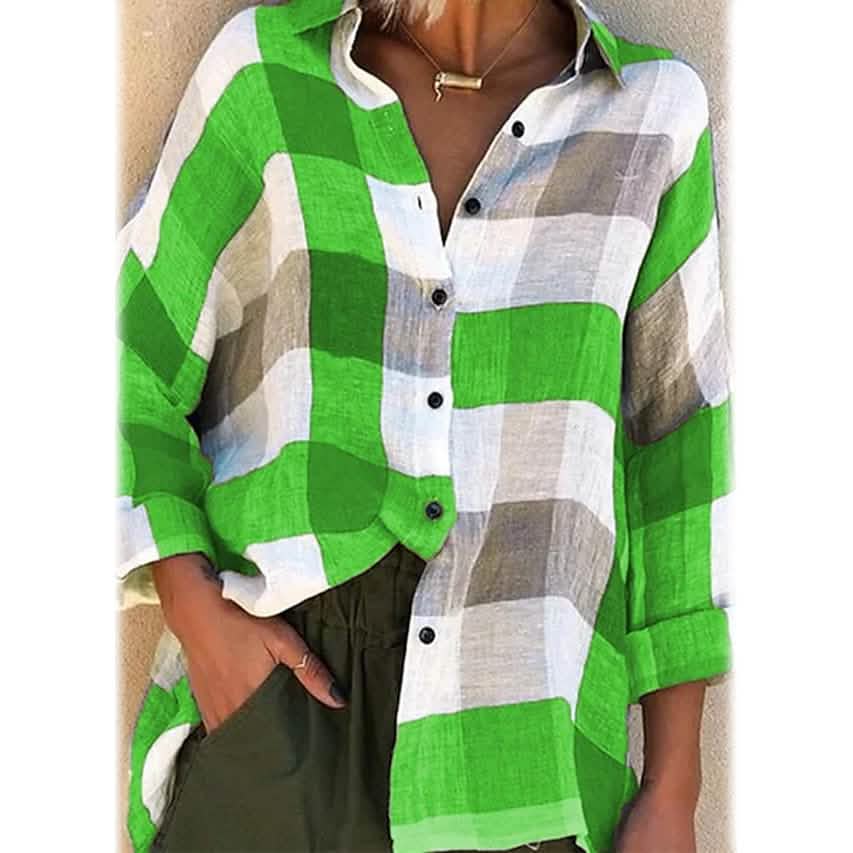 Women's Basic Loose Checkered Long Sleeve Shirt Green Women's Tops - Tophatter Daily Deals