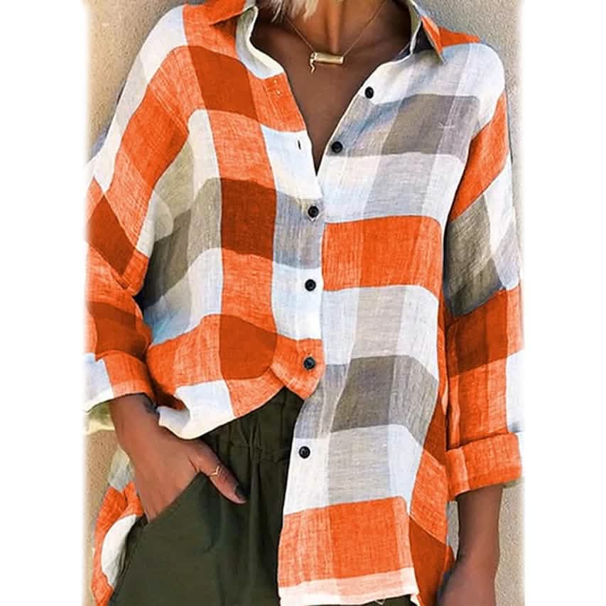 Women's Basic Loose Checkered Long Sleeve Shirt Orange Women's Tops - Tophatter Daily Deals