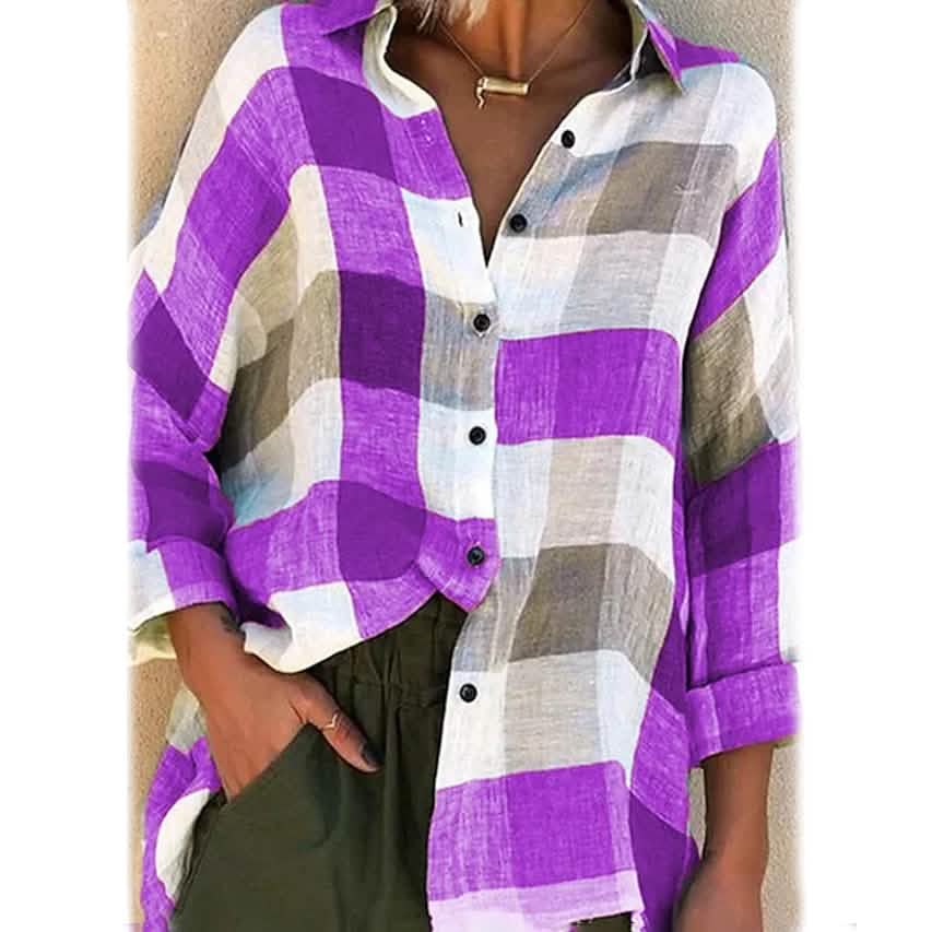 Women's Basic Loose Checkered Long Sleeve Shirt Purple Women's Tops - Tophatter Daily Deals