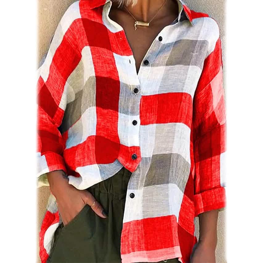 Women's Basic Loose Checkered Long Sleeve Shirt Red Women's Tops - Tophatter Daily Deals