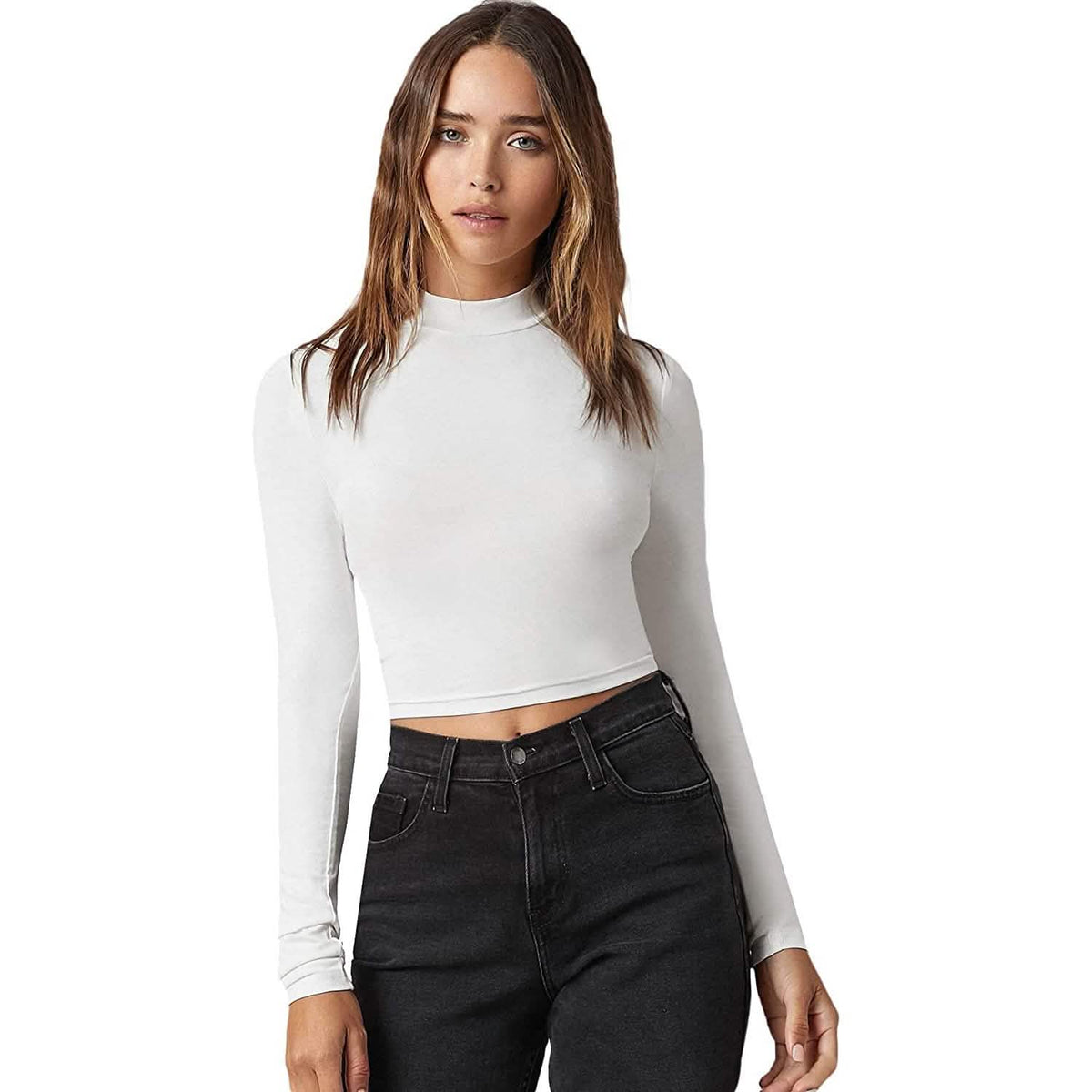Women's Basic Mock Neck Long Sleeve Top Cream Women's Tops - Tophatter Daily Deals